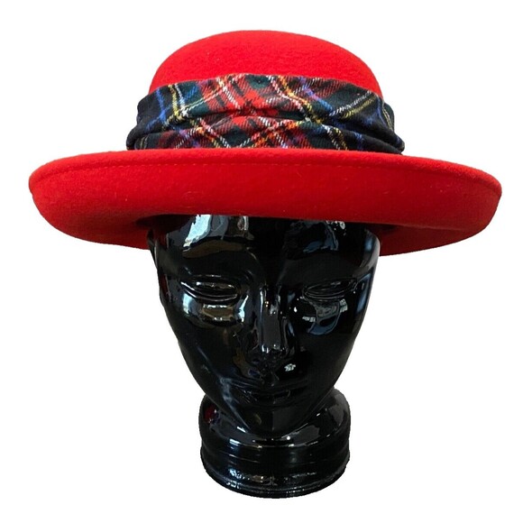 NWT Vintage NORDSTROM 100% Wool Felt Hat Red Tartan Plaid Holiday Adult OS ITALY - Picture 2 of 9
